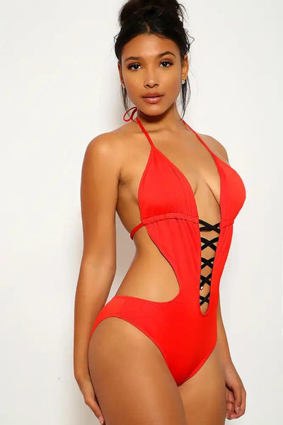 Sexy Red Black Black Strappy Pucker Back One Piece Swimsuit - AMIClubwear