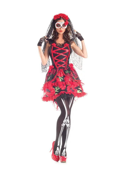 Sexy Red Black Day Of The Dead Senorita 5 Pc. Costume - AMIClubwear