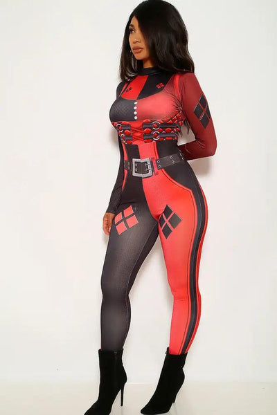 Sexy Red Black Jester Halloween Jumpsuit Catsuit Costume - AMIClubwear