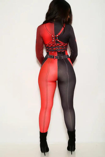 Sexy Red Black Jester Halloween Jumpsuit Catsuit Costume - AMIClubwear