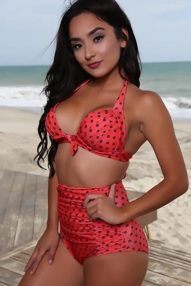 Sexy Red Black Polka Dot Print High Waist 2-Piece Swimsuit - AMIClubwear