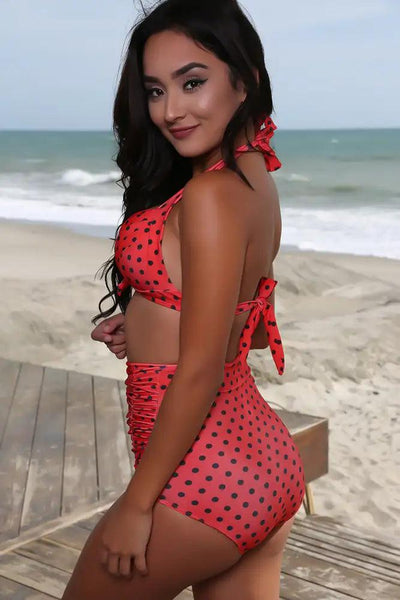 Sexy Red Black Polka Dot Print High Waist 2-Piece Swimsuit - AMIClubwear