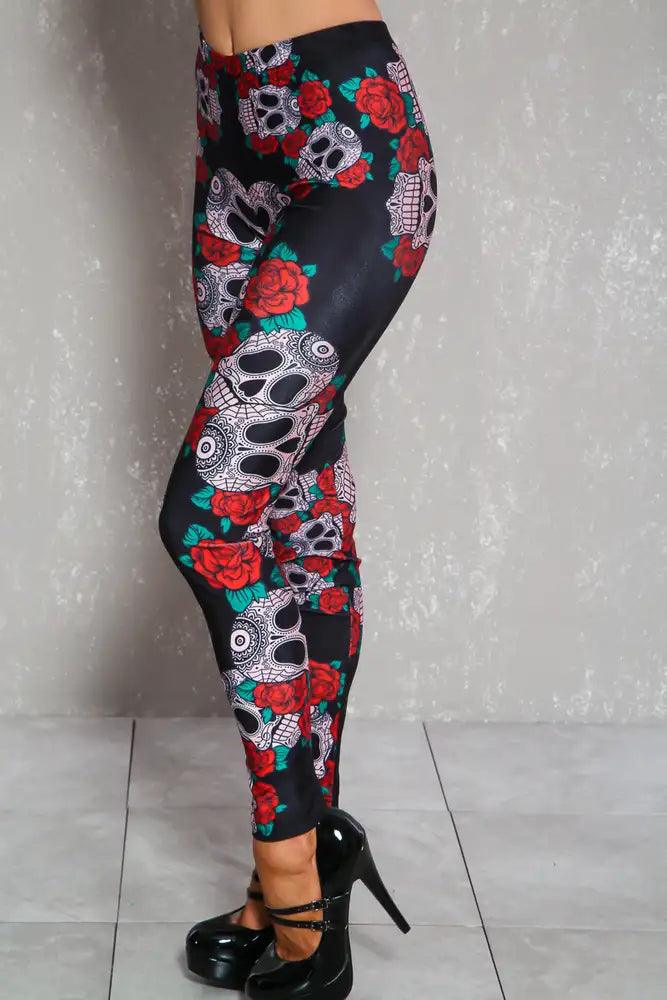 Sexy Red Black Rose Skull High Waist Halloween Leggings - AMIClubwear