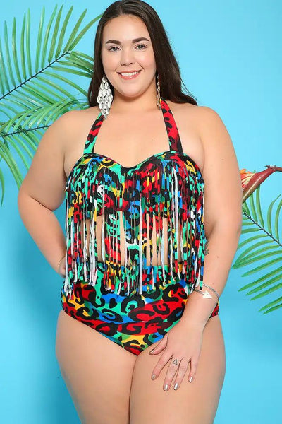 Sexy Red Blue Animal Print Padded High Waist Plus Size Two Piece Swimsuit - AMIClubwear