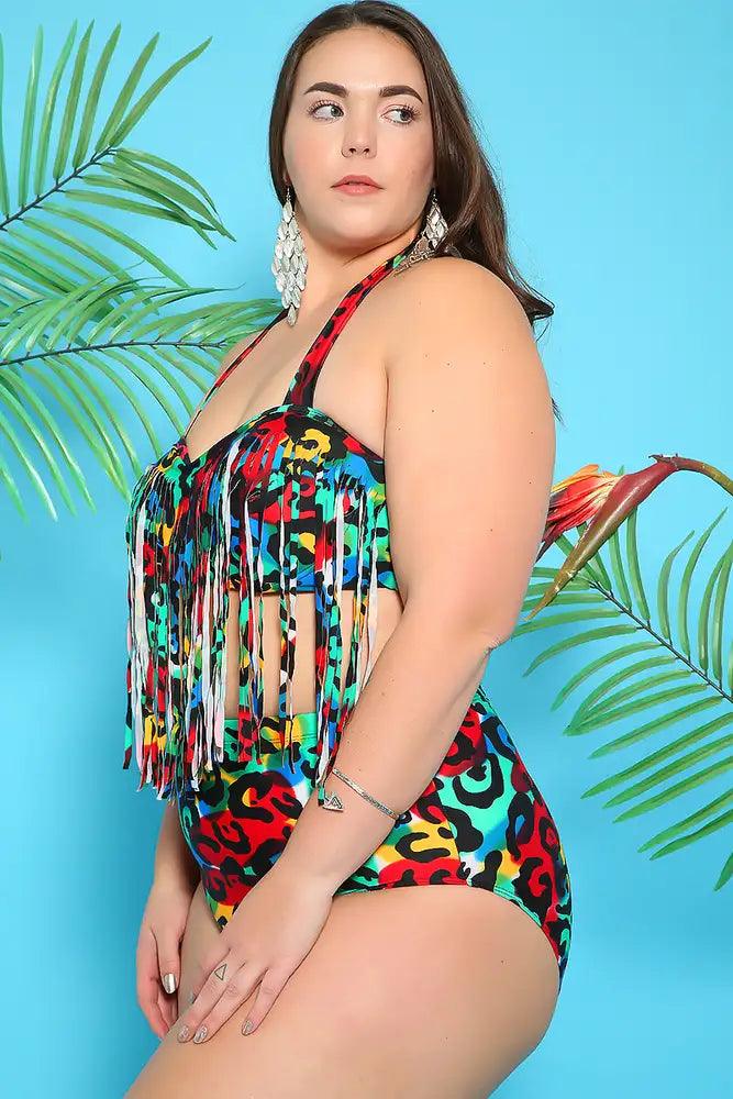 Sexy Red Blue Animal Print Padded High Waist Plus Size Two Piece Swimsuit - AMIClubwear