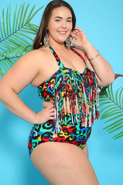 Sexy Red Blue Animal Print Padded High Waist Plus Size Two Piece Swimsuit - AMIClubwear