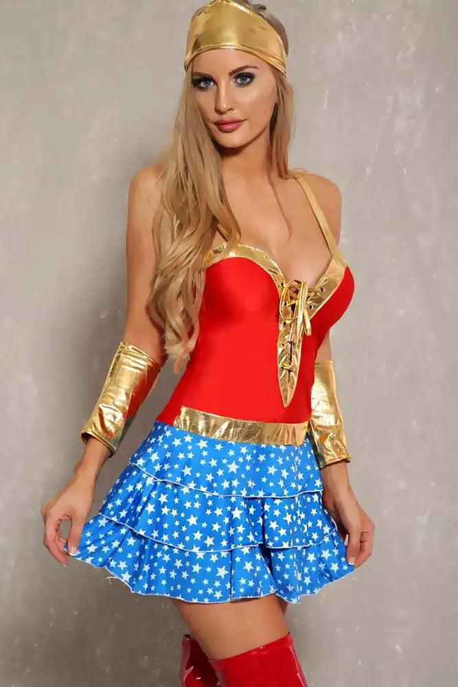 Sexy Red Blue Front Lace Up Sleeveless Hero 3 Piece Costume - AMIClubwear