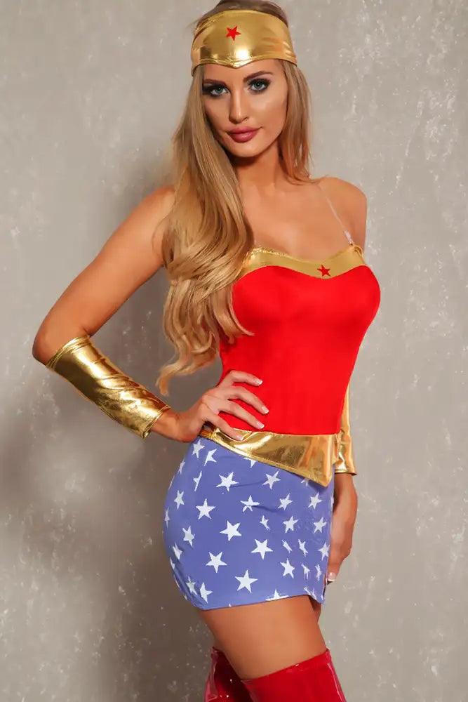 Sexy Red Blue Sleeveless Hero 3 Piece Costume - AMIClubwear