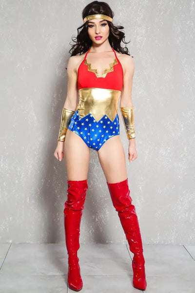 Sexy Red Blue Superhero Three Piece Costume - AMIClubwear