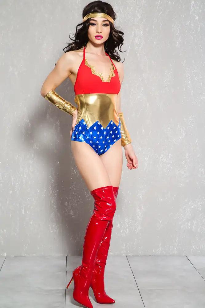 Sexy Red Blue Superhero Three Piece Costume - AMIClubwear