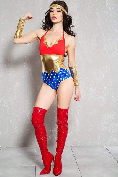 Sexy Red Blue Superhero Three Piece Costume - AMIClubwear