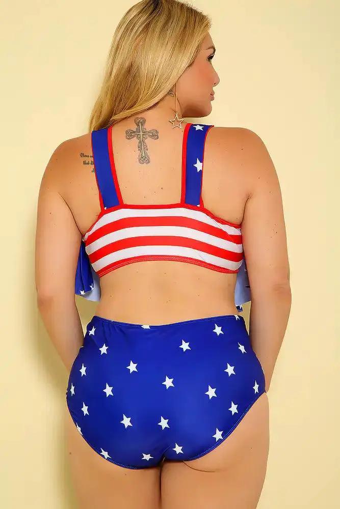 Sexy Red Blue White Star Print Padded Two Piece Plus Size Bikini