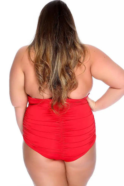 Sexy Red Bold Ruched Halter Strap Plus Size One Piece Swimsuit - AMIClubwear