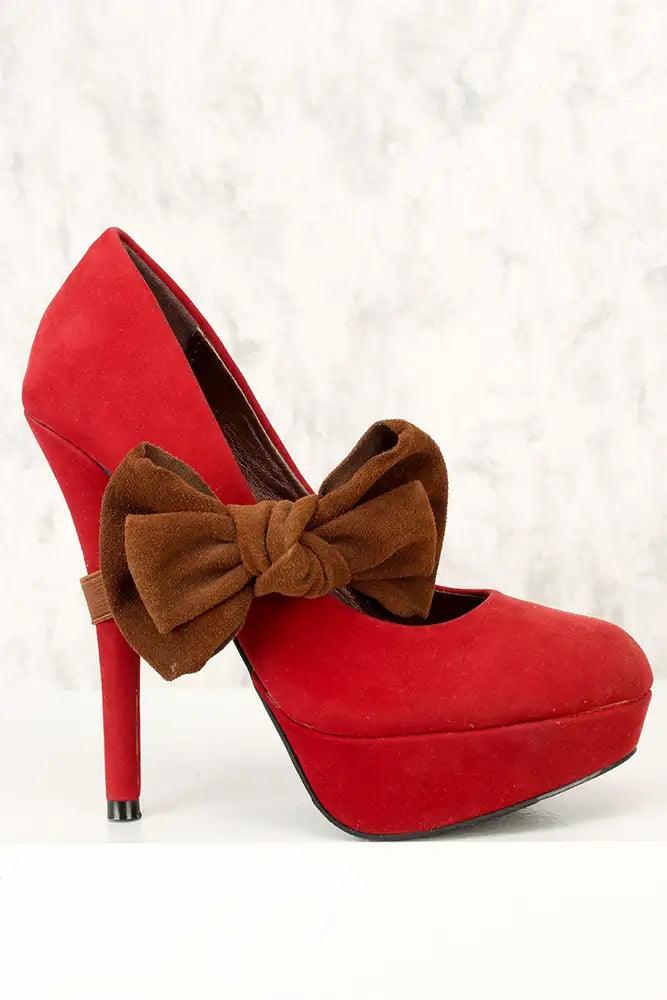 Sexy Red Bow Accent Platform High Heels Faux Velvet - AMIClubwear