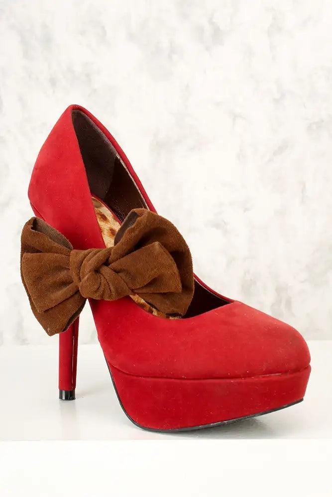 Sexy Red Bow Accent Platform High Heels Faux Velvet - AMIClubwear