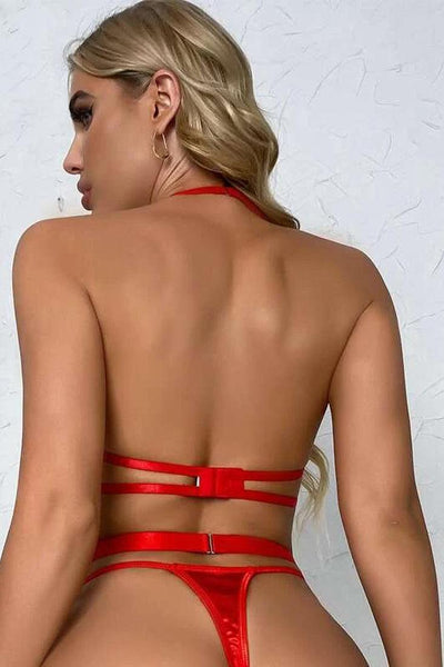 Sexy Red Bow Rhinestone Halter Garter 3 Pc Lingerie Set - AMIClubwear