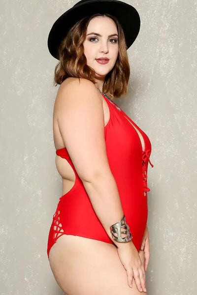 Sexy Red Caged Strappy Plus Size One Piece Swimsuit - AMIClubwear