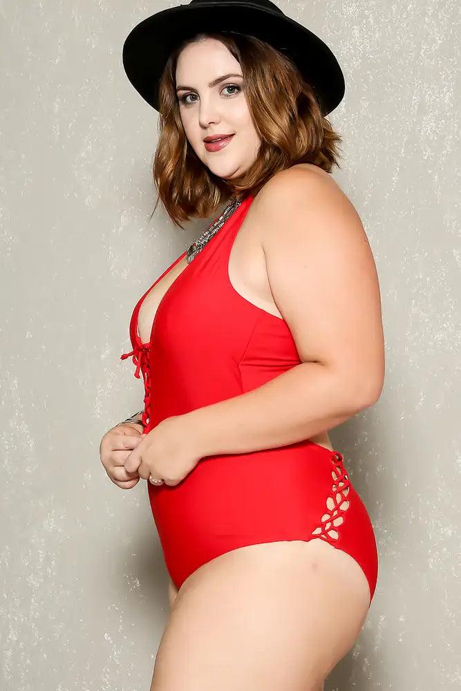 Sexy Red Caged Strappy Plus Size One Piece Swimsuit - AMIClubwear