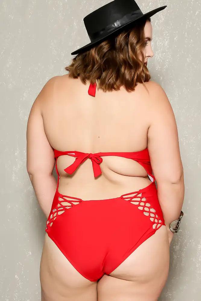 Sexy Red Caged Strappy Plus Size One Piece Swimsuit