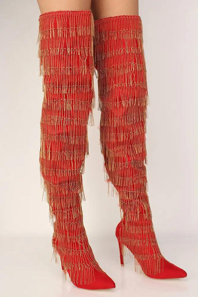 Sexy Red Chain Fringe High Heels Thigh High Boots Faux Suede - AMIClubwear