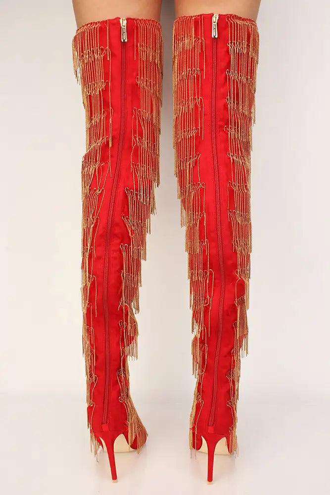 Sexy Red Chain Fringe High Heels Thigh High Boots Faux Suede - AMIClubwear