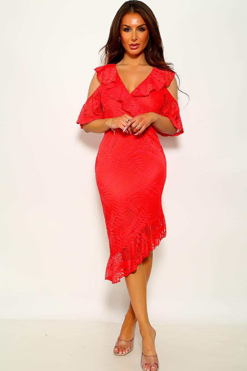 Sexy Red Cold Shoulder Dress With Lace Ruffle Trim - AMIClubwear