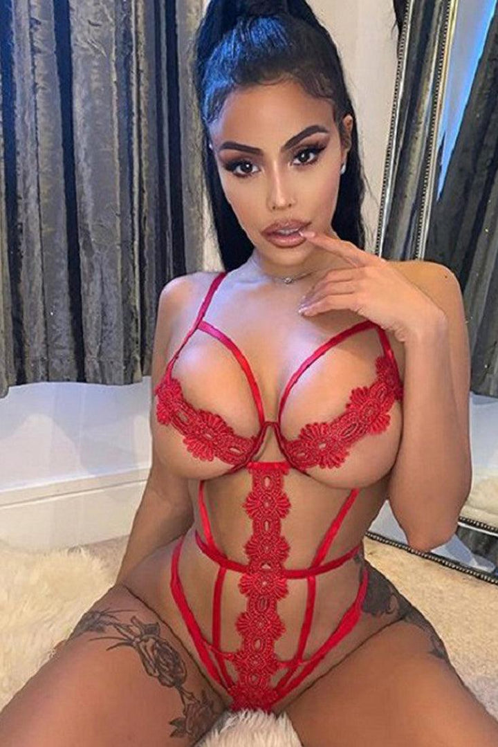 sexy knitted lingerie Sexy Red Crochet Strappy Bodysuit Lingerie – AMIClubwear