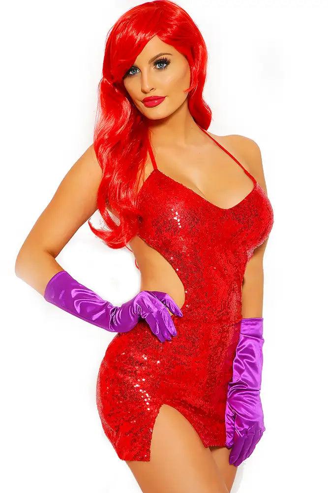 Sexy Red Cut Out Mini Sequin Two Piece Jessica Costume - AMIClubwear