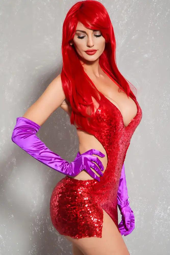 Sexy Red Cut Out Mini Sequin Two Piece Jessica Costume - AMIClubwear