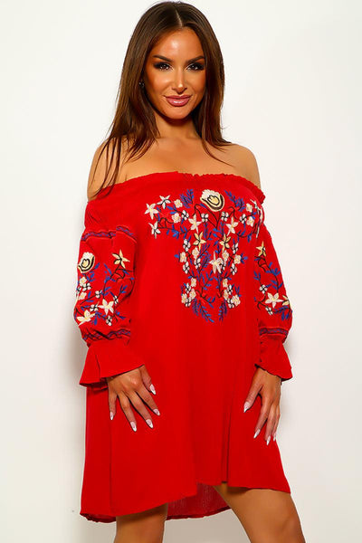 Sexy Red Embroidered Long Sleeve Off Shoulder Dress - AMIClubwear