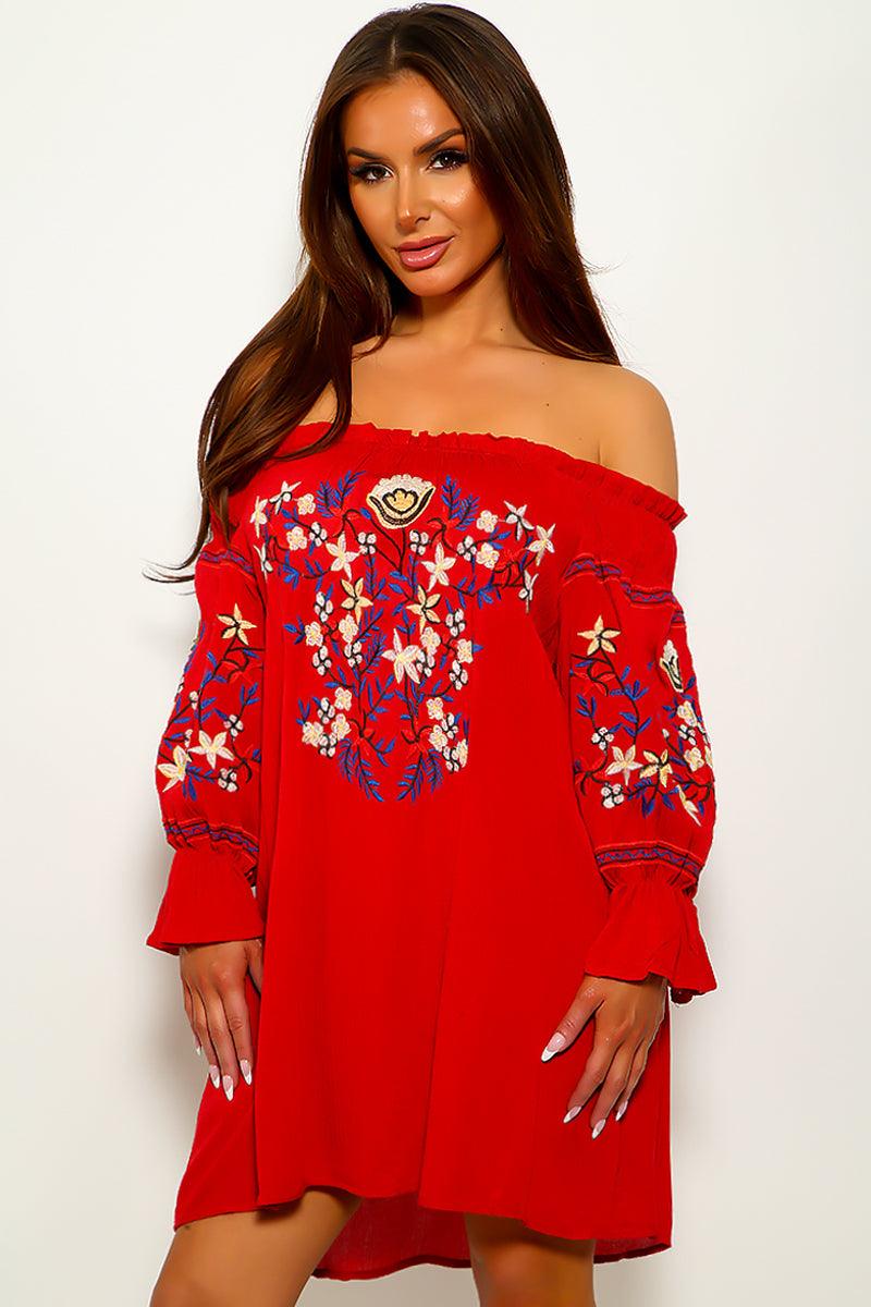 Sexy Red Embroidered Long Sleeve Off Shoulder Dress - AMIClubwear