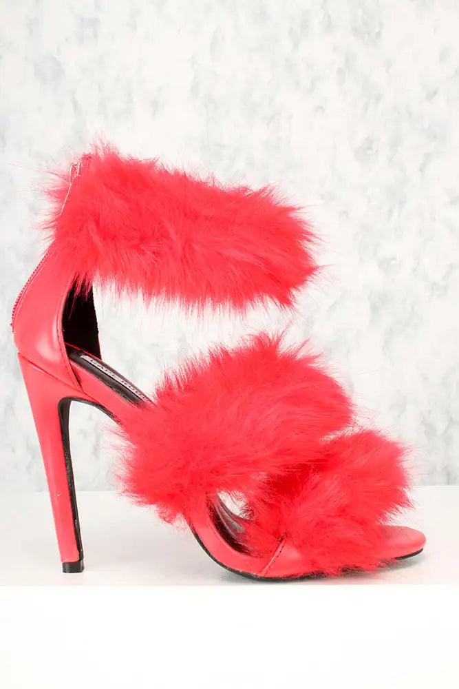 Sexy Red Faux Fur Strappy Open Toe Single Sole Heels - AMIClubwear