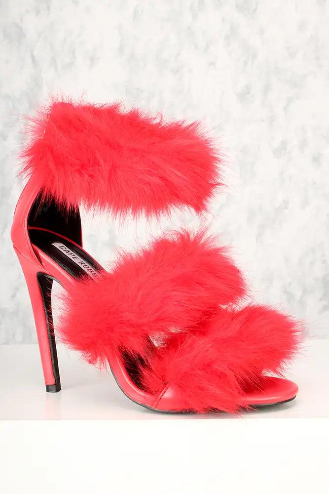 Sexy Red Faux Fur Strappy Open Toe Single Sole Heels - AMIClubwear