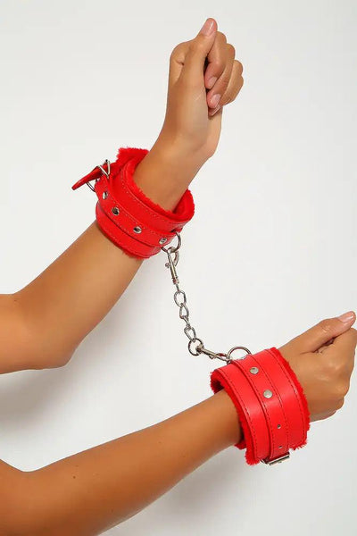 Sexy Red Faux Leather Faux Fur Handcuffs - AMIClubwear