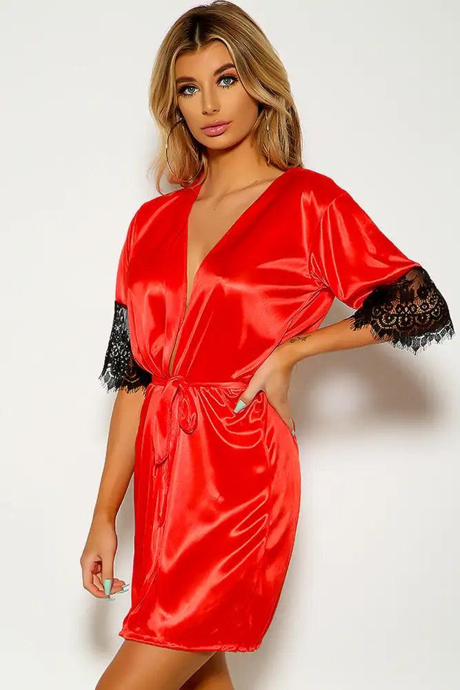 Sexy Red Faux Satin Robe - AMIClubwear