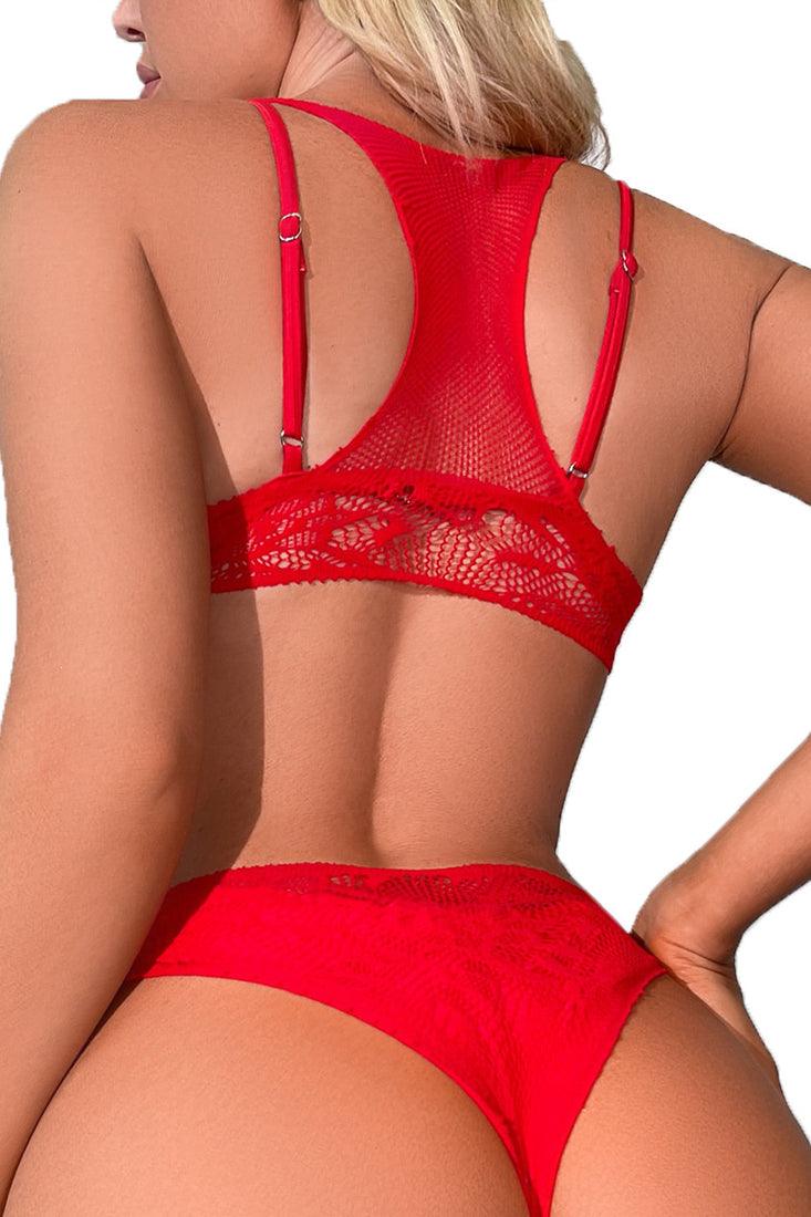 Sexy Red Fishnet Cut Out Round Neck Lingerie Bodysuit - AMIClubwear