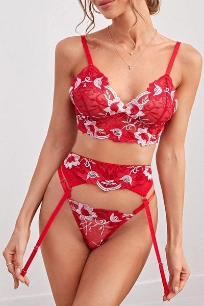 Sexy Red Floral Embroidered Mesh 3 Pc Lingerie Set - AMIClubwear