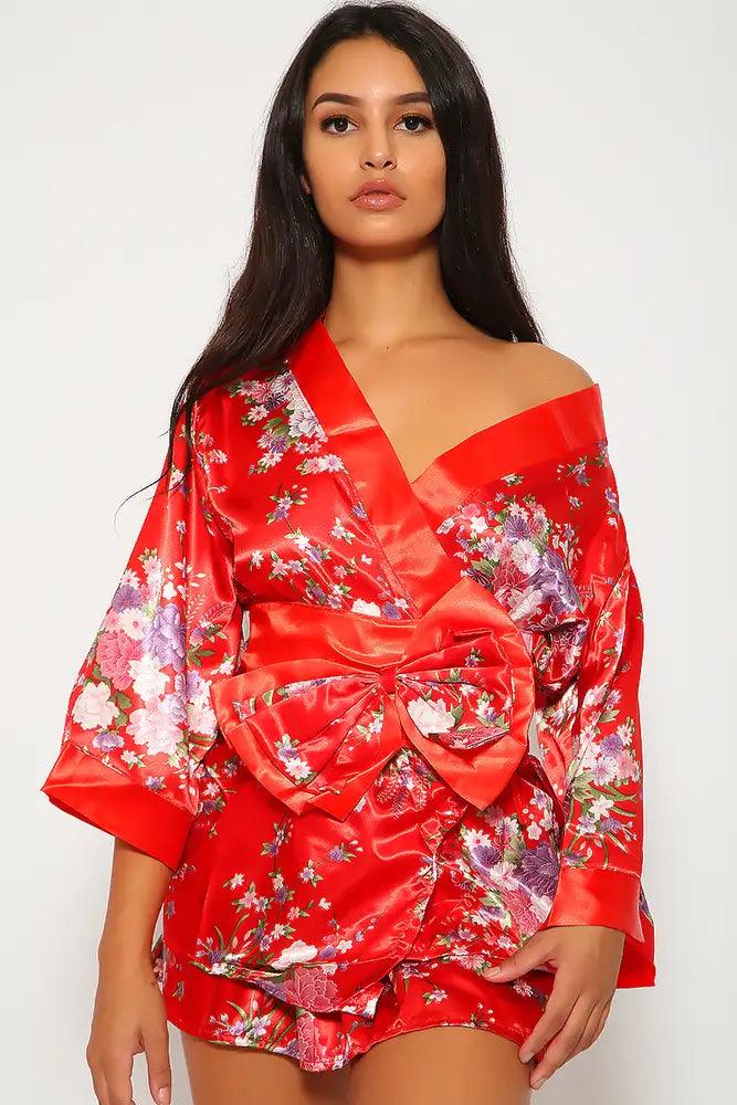 Sexy Red Floral Print Sexy Geisha 3 Piece Kimono Skirt Costume - AMIClubwear