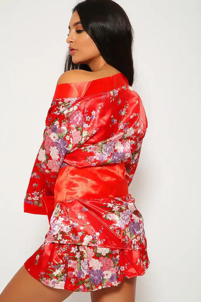 Sexy Red Floral Print Sexy Geisha 3 Piece Kimono Skirt Costume - AMIClubwear