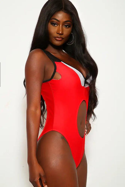 Sexy Red Front Cutout Plunging Neckline Halter One Piece Swimsuit - AMIClubwear