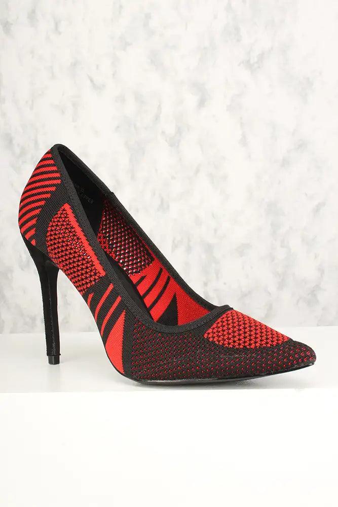 Sexy Red Graphic Print Perforated High Heels Pumps Knit - AMIClubwear