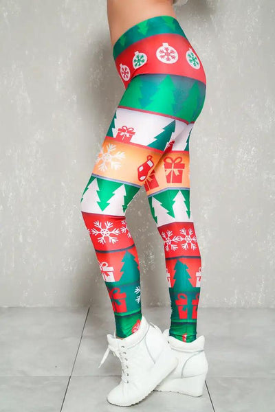 Sexy Red Green Graphic Print Mid Rise Costume Leggings - AMIClubwear