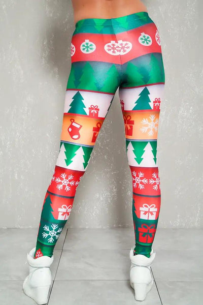 Sexy Red Green Graphic Print Mid Rise Costume Leggings - AMIClubwear