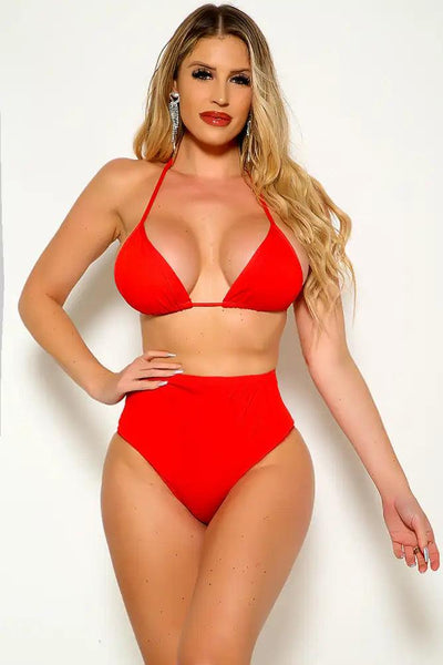 Sexy Red Halter High Waist 2Pc. Swimsuit - AMIClubwear