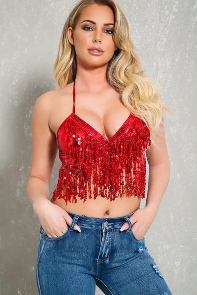 Sexy Red Halter Sequin Fringe Bralette Top - AMIClubwear