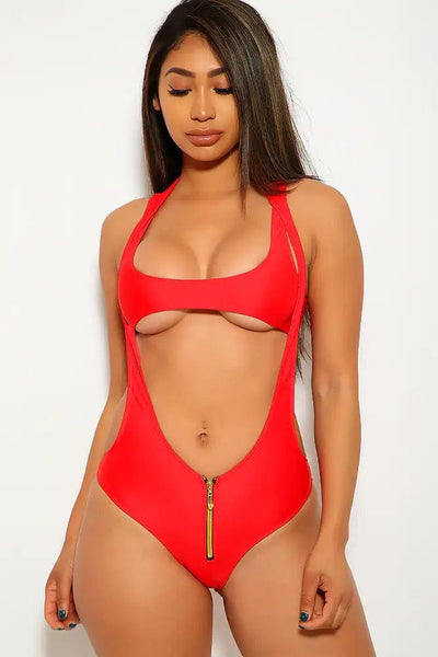 Sexy Red Halter Zipper Cheeky Two Piece Swimsuit - AMIClubwear