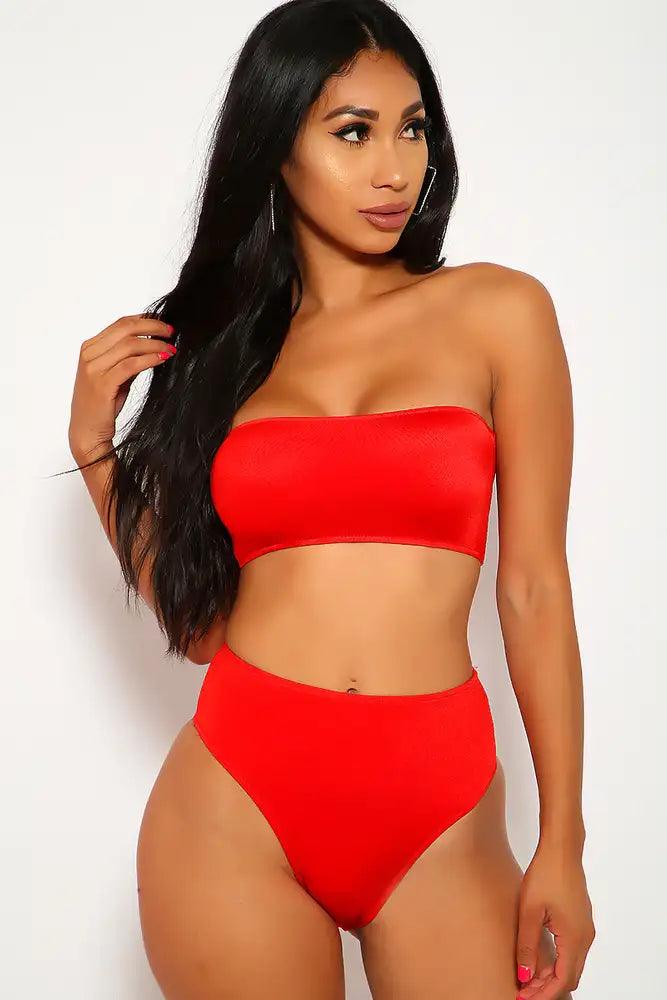 Sexy Red High Shine Bandeau High Waisted Two Piece Swimsuit - AMIClubwear