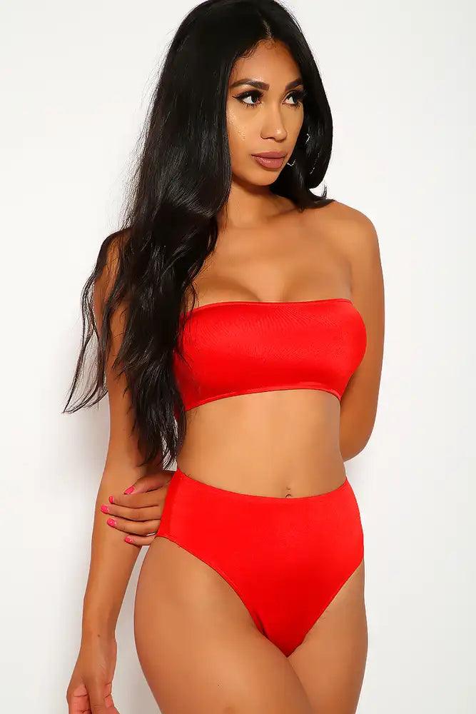 Sexy Red High Shine Bandeau High Waisted Two Piece Swimsuit - AMIClubwear