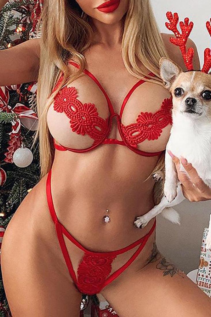 Sexy Red Hollow Out Lace 2 Pc Lingerie Set - AMIClubwear