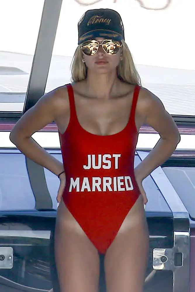 Sexy Red Just Married Graphic One Piece Swimsuit - As Seen On Hailey Baldwin - AMIClubwear